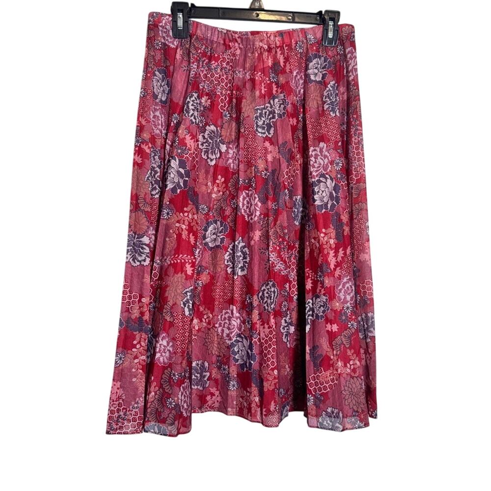 Vintage 70s Red Floral Pleated Knee Length Skirt Womens 16 Sheer Boho Peasant
